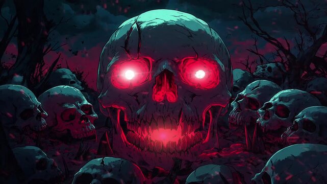 halloween scary skull with red eye in anime or cartoon illustration style animation looping video animated background 