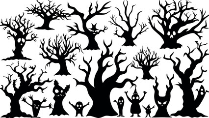 Set of silhouettes of Halloween Spooky Trees