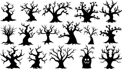 Set of silhouettes of Halloween Spooky Trees