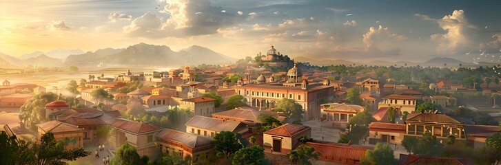 Visualize an archaeological reconstruction of a lost civilization, showing what the city might have looked like in its prime