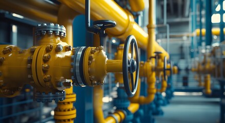 Fototapeta premium A wide shot of yellow gas pipes in industrial environment, large scale natural gas production plant. The concept of Gas plant control system, visible valves, technology, engineering, business