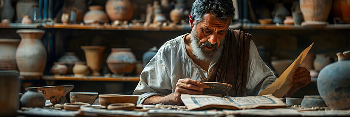 Visualize an archaeologist analyzing pottery shards in a lab, piecing together the daily life of ancient people