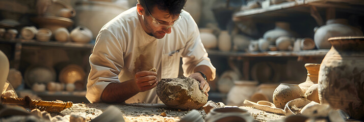 Visualize an archaeologist analyzing pottery shards in a lab, piecing together the daily life of ancient people