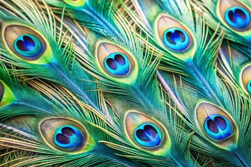 Obraz premium Vibrant close-up of intricate peacock feather pattern with shimmering blues and greens, showcasing iridescent eyespots and delicate barbs on a soft, white background.