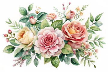 Delicate watercolor rose arrangements and intricate botanical illustrations of lush greenery and flowers are beautifully isolated on a crisp white background.