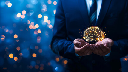 Businessman holding a brain icon with an office background, in the style of a digital twin concept of human interface technology for creative thinking and intelligence. A business manager or employee 