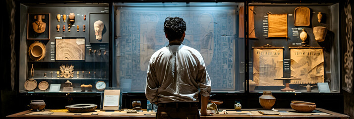 Visualize an archaeologist presenting their findings on an ancient civilization at a conference, with detailed displays and artifacts