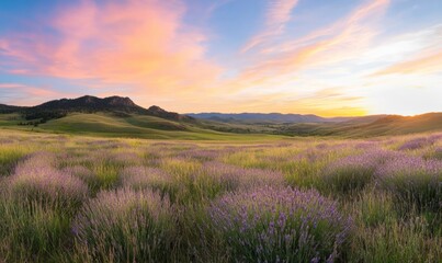 Obraz premium Stunning Sunset Over Lavender Fields - Serene Evening Landscape with Rolling Hills and Vibrant Colors