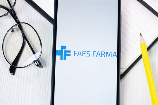 New York, USA - 1 August 2024: Faes Farma Logo on Phone Screen, Company Icon on Display