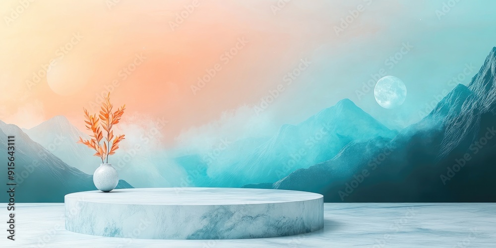 Wall mural Minimalist Product Display with Mountain Landscape and Moon