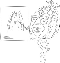 Line art illustration of cartoon watermelon with glasses holding pointer in his hand.