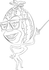 Line art illustration of cartoon watermelon with glasses holding pointer in his hand.