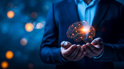 Businessman holding a brain icon with an office background, in the style of a digital twin concept of human interface technology for creative thinking and intelligence. A business manager or employee 