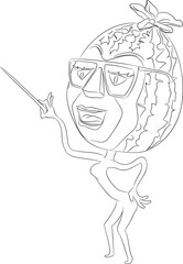 Line art illustration of cartoon watermelon with glasses holding pointer in his hand.