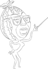 Line art illustration of cartoon watermelon with glasses holding pointer in his hand.