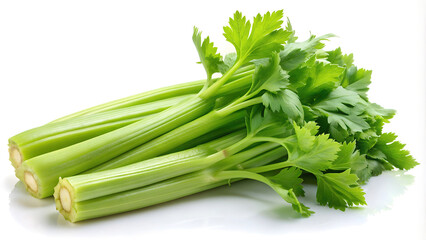 Fresh green celery stalks with vibrant leaves on a white background, showcasing their crisp texture and healthy appeal.
