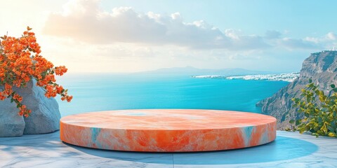 Circular Orange Marble Pedestal with Ocean and Cliffs View