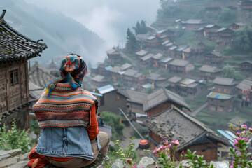 Visualize an ethnographer in a remote mountain village, documenting the unique cultural practices and social structures