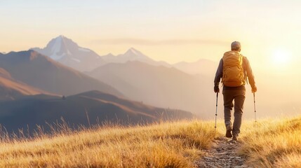 Obraz premium A lone hiker walks along a scenic mountain trail at sunset, surrounded by breathtaking nature and stunning landscapes.