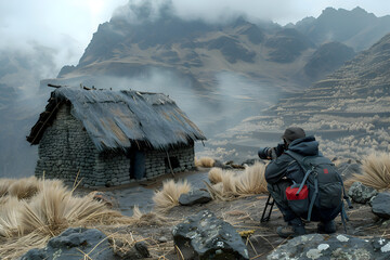 Visualize an ethnographer in a remote mountain village, documenting the unique cultural practices and social structures
