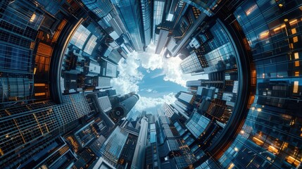 Generate a dreamlike metropolis using unexpected camera angles, portraying futuristic technologies in a kaleidoscopic fusion of architecture and digital wonders
