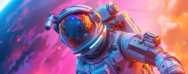 Illustrate a Cosmic Explorer Robot in vibrant colors