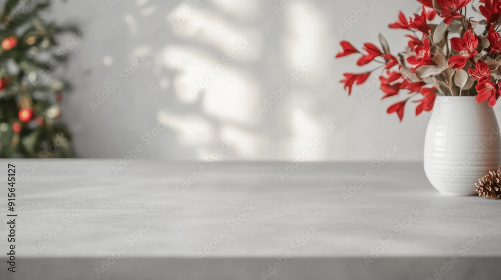 Poster serene morning light on smooth gray concrete table in indoor studio with floral decor and soft bokeh