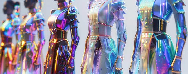 Illustrate a high-angle view of futuristic fashion trends from ancient history, featuring holographic textures and metallic accents in a photorealistic 3D rendering
