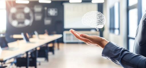 Businessman holding a brain icon with an office background, in the style of a digital twin concept of human interface technology for creative thinking and intelligence. A business manager or employee 
