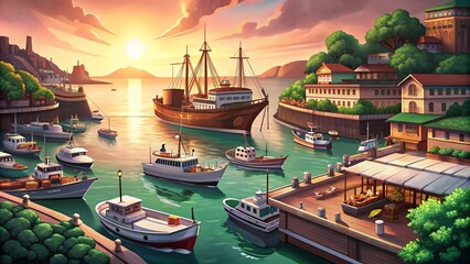 Obraz premium Illustration of a Bustling Harbor
