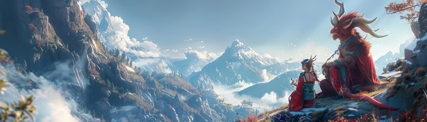 Illustrate a mythical creature partaking in a traditional ceremony on a mountaintop Experiment with surprising camera angles to convey a sense of awe and mystique