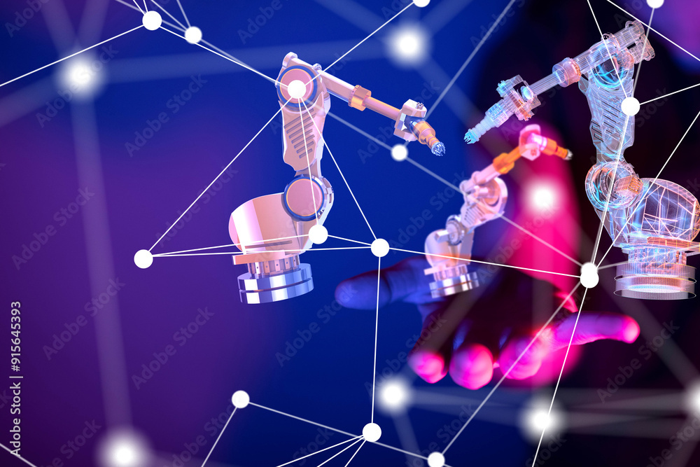 Poster Neural network 3D illustration. Big data and cybersecurity - 3d