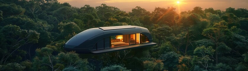 Illustrate a sleek solar-powered tent in the midst of a dense forest
