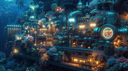 Illustrate a side perspective of a high-tech undersea laboratory illuminated by advanced lighting methods