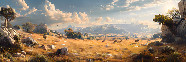 Visualize the interaction between early humans and their environment, showing how they adapted to various climates and landscapes