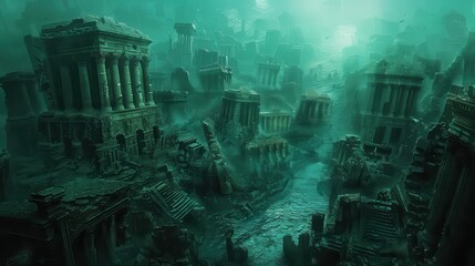 Illustrate a submerged cityscape with ancient ruins, blending dreamlike tones and distorted perspectives to convey a sense of psychological depth and mystery