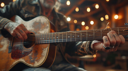 Fototapeta premium Close-up of a man's hands playing an acoustic guitar