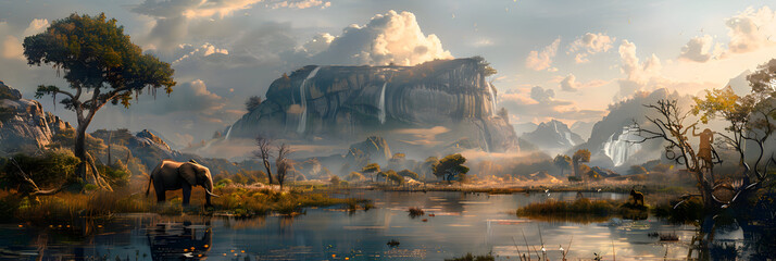 Visualize the interaction between early humans and their environment, showing how they adapted to various climates and landscapes