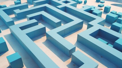 Minimalist 3D Maze Design with Blue Cubes and Squares on Light Background