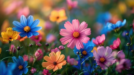 Fototapeta premium Softly focused wildflowers in a meadow, with vibrant colors blending together. 