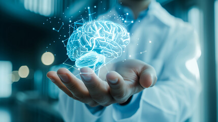 Businessman holding a brain icon with an office background, in the style of a digital twin concept of human interface technology for creative thinking and intelligence. A business manager or employee 
