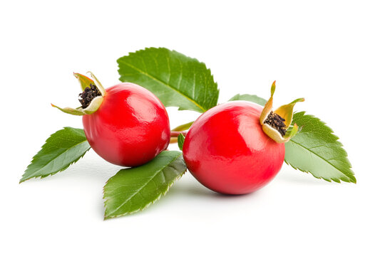 Rose hips with leaves isolated on a white background