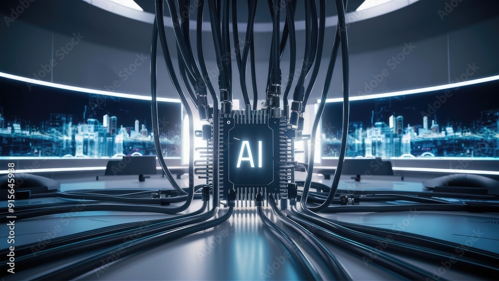 Poster futuristic workspace featuring a cpu with ai label abundant data cables and rapid learning displays