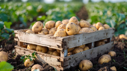 A wooden box filled with freshly harvested organic potatoes placed in a field, showcasing the farming process and agricultural abundance