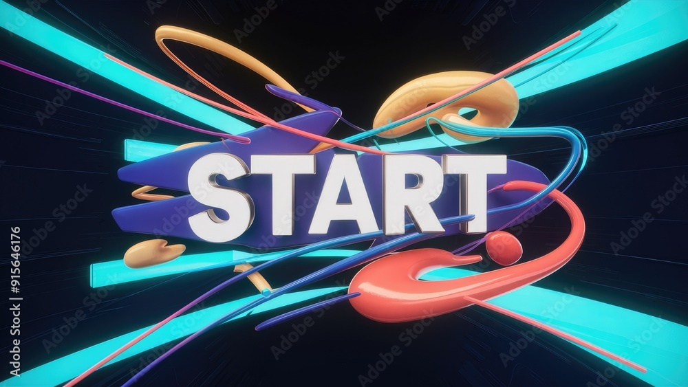 Poster dynamic abstract shapes with start text on a dark background evoking retrofuturistic and digital int