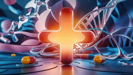 Abstract background featuring medical healthcare science and technology elements including a plus sign and molecular structures Futuristic biotechnology and chemistry designs with a