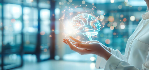 Businessman holding a brain icon with an office background, in the style of a digital twin concept of human interface technology for creative thinking and intelligence. A business manager or employee 