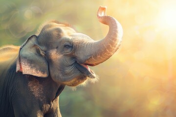 Young Elephant with Upraised Trunk in Golden Sunlight