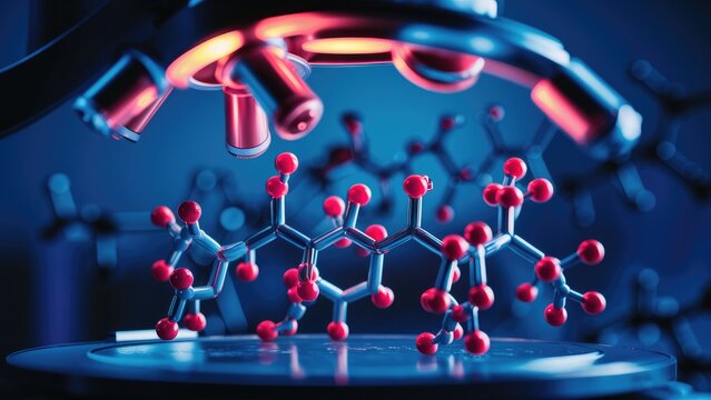 3D Molecular Model of Ammonium Chloride with Structural Chemical Formula Viewed through a Microscope
