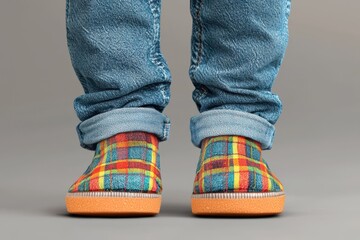 Close-Up of Children's Feet in Blue Jeans with Plaid Patterns Rolled Up, Toes and Soles Visible on Grey Background - High Resolution Vector PNG Text